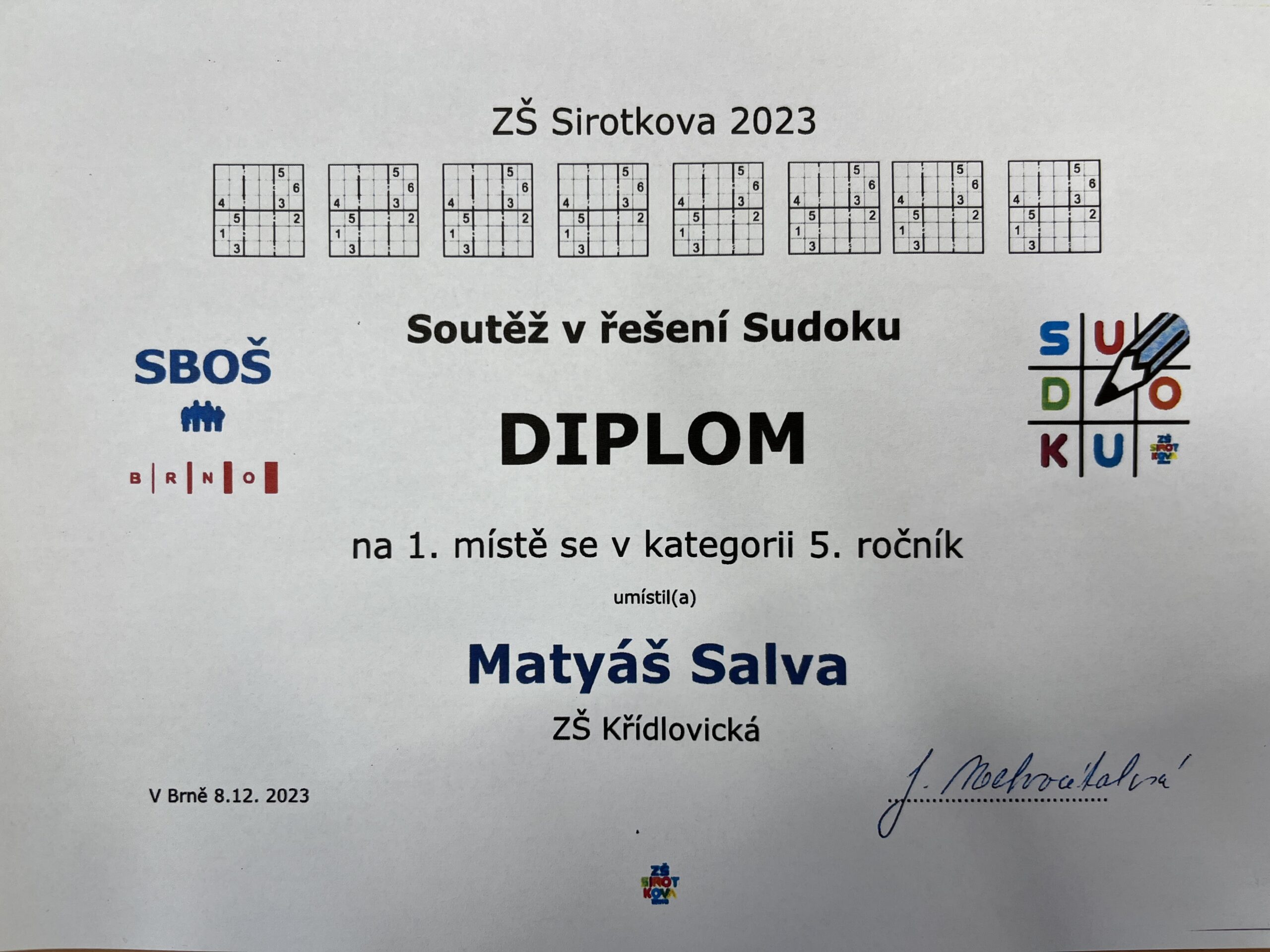 Výsledky vánočního turnaje SUDOKU na ZŠ Sirotkova